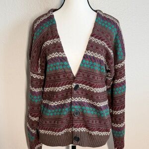URBAN RENEWAL Brown Blue Deep V Cardigan Sweater Grandpa Core Boho SML